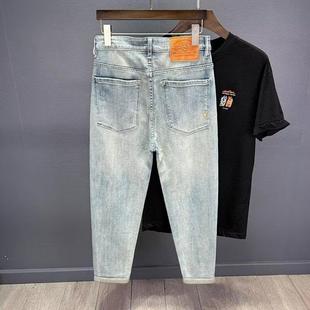 Tapered High-end Cropped Jeans Men's Skinny Pants Vintage light blue Ruffian Handsome Scratched Spring and Summer Thin Cropped Cropped Pants Handsome