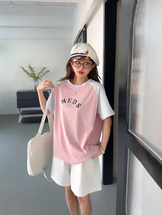 Summer Short-sleeved T-shirt Girl's Simple American Style Trendy Brand Contrast Color Sweet Stylish Casual Raglan Sleeve T-shirt for Women