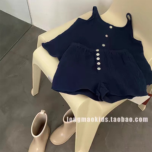 Lime Korean Girl's suit Summer Thin Sling Top Shorts 2025 New Baby Girl's Summer Two-piece Set