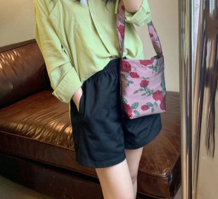 Summer 2025 New Arrival Staggy Waist Solid Color Shorts Women's High Waist Casual All-Match A- Word Slim Loose Wide-Leg Cotton Pants