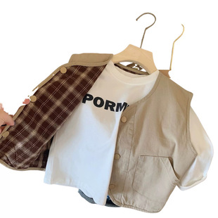 Children's Double-sided Plaid Vest 2024 Autumn New Boys and Girls Baby Children Korean Solid Color Vest Waistcoat