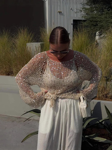 European and American Sexy Sequins Fishing Net Hollow Long Sleeve Top Pure Desire Spring and Summer Spice Girl Design Sense Knitwear Women's Foreign Trade