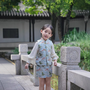 Spring and Autumn New Chinese Style Improved National Style Flap Button Jacquard Vest Skirt with Fish suit Year by Year