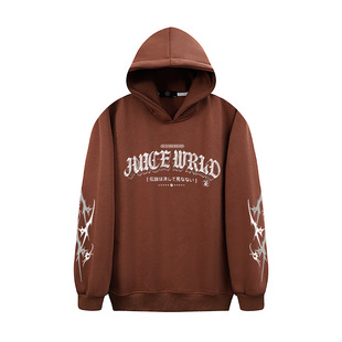24Ss American High Street Trendy Tops Sanskrit Letter Print Loose Velvet Hooded Sweatshirt Hoodie Same Style for Men and Women