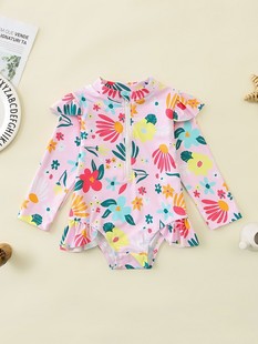 Children's Clothing Girls' Flower Full Print Ruffled Swimwear Baby Girl's Sunscreen Long Sleeve Swimwear Children's Swimwear