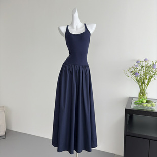 Puffy Stitching Sling dress Women's Spring French Style Design Slim-fit Waist Sleeveless Long Dress