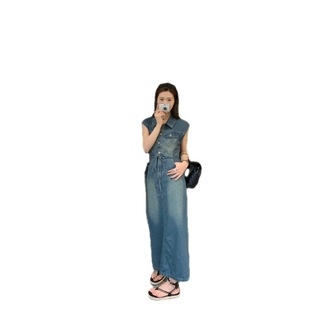 Fall 2023 French retro elegant waist lace-up lapel mid-length Denim sleeveless vest dress dress