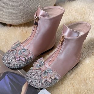 Girls Boots Children's Spring and Autumn Single Boots 2024 New Baby Martin Boots Winter fleece-lined Leather Shoes Princess Crystal Ankle Boots