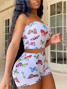 Women's Fashion Casual Slim Butterfly Print Wrap Top Shorts