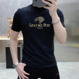 2025 Spring and Autumn New European Fashion Letter Hot Drilling Slim-Fit Elastic Thickened Half-High Neck Short-Sleeved T-Shirt for Men
