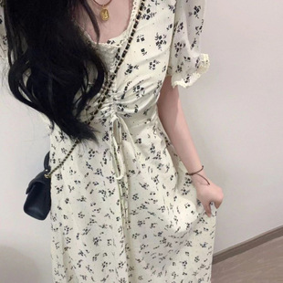 [inside] Japanese New French Style Bubble Sleeve Floral dress Women's Summer High Waist Slimming A- line Long Dress