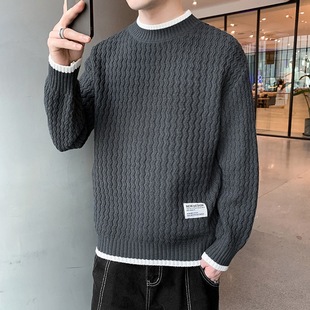 Half turtleneck sweater men's autumn and winter fashion color matching loose coat trendy brand letter jacquard thickened sweater