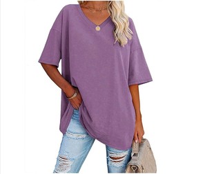 2024 Amazon Cross-border European and American plus size Women's Summer New Solid Color Loose Short Sleeve V-neck T-shirt Women's Top
