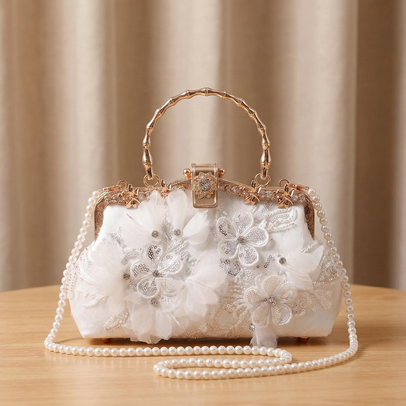 Pearl embroidered bamboo-joint handbag, cheongsam banquet clutch, heavy-duty studded rhinestone beaded bag, Chinese embroidered bag
