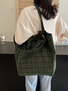 Autumn and Winter Large-Capacity Tote Bag Woolen Plaid Fashion Casual Handbag Versatile Commuter Shoulder Bag Cross-Border Women's Bag