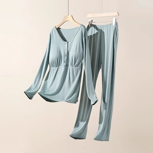 Modal pit front buckle maternity clothes confinement clothing nursing bra-free round neck homewear suit plus size pajamas