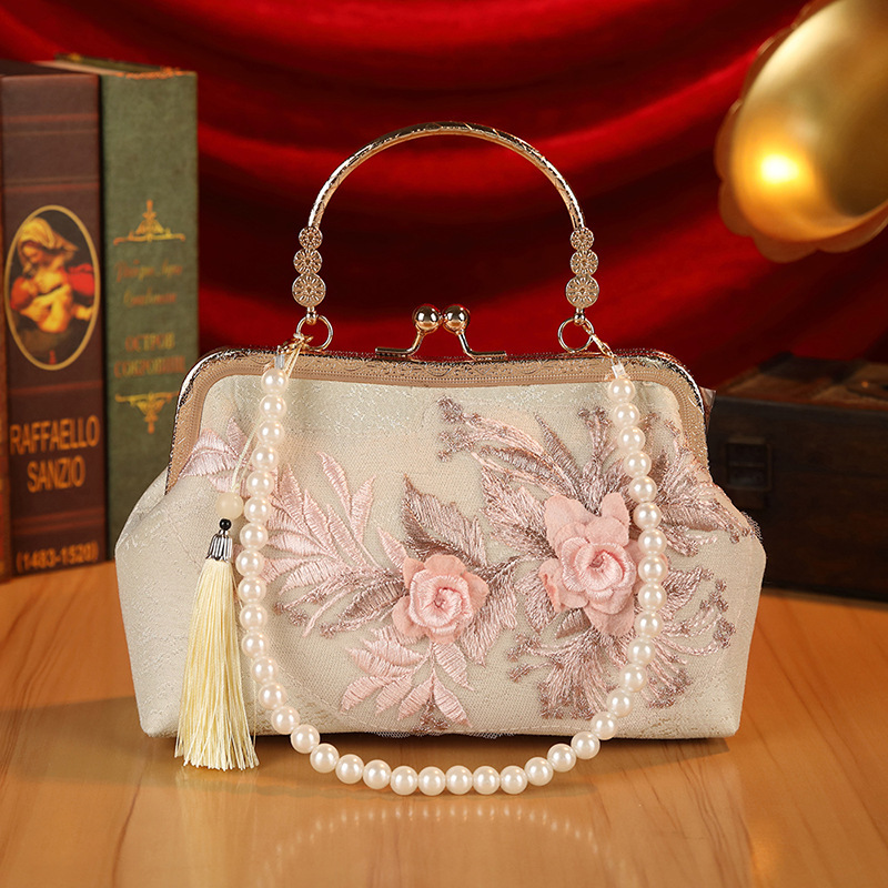 Original heavy-duty floral lace mesh elegant handbag, antique style cheongsam banquet bag, rhinestone high-end women's bag