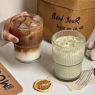 New Nordic style ins vertical stripe glass coffee cup with lid with straw glass simple water cup factory wholesale