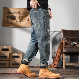 American Style Heavy Retro Jeans Men's Straight Loose Large Size Pants Men's Autumn and Winter Ripped Patch Harlan Pants