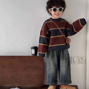 Boys' Fried Street Straight Leg Jeans 2024 Autumn New Pants Children's Fashionable Western Style Loose Wide Leg Pants