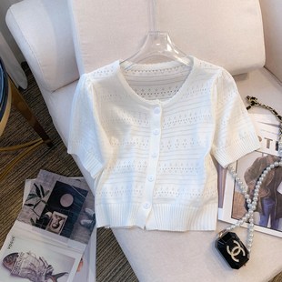 Summer New Style Hollow-out Short-sleeved Knitted Sweater Women's French Short Puff Sleeve Ice Silk Sunscreen Top Small Shirt