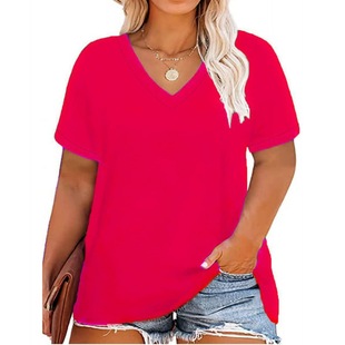 Cross-border Multi-color Women's Short-sleeved plus size Fashion V-neck T-shirt 3D Digital Solid Color Women's V-neck Short-sleeved plus size