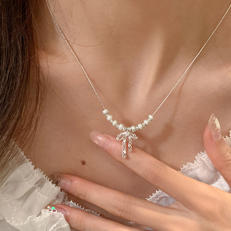 Ballet Style Lace Ribbon Bow Broken Silver Necklace Women's Sweet Elegant Fashion Trendy Versatile Neck Chain Clavicle Chain