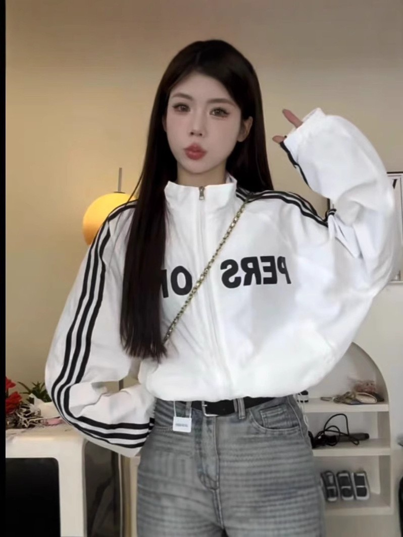 지퍼 스탠드 칼라 스트라이프 코트 여성용 짧은 기장 드로스트링 자외선 차단 탑 레터링 프린트 햇빛 가리개 하라주쿠 스타일 루즈핏