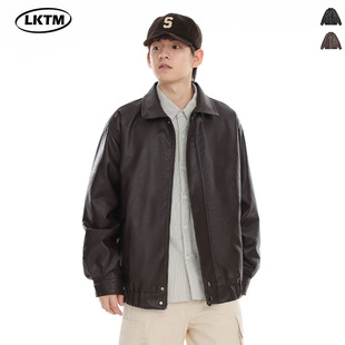 LKTM Men's# Maillard Brown Motorcycle Leather Coat Men's and Women's Retro Trendy Brand Ruffian Handsome Casual Jacket Top