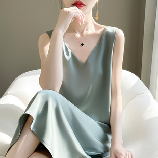 High-grade silk strap dress women's spring and summer acetate satin mid-length dress with silk sleeveless temperament