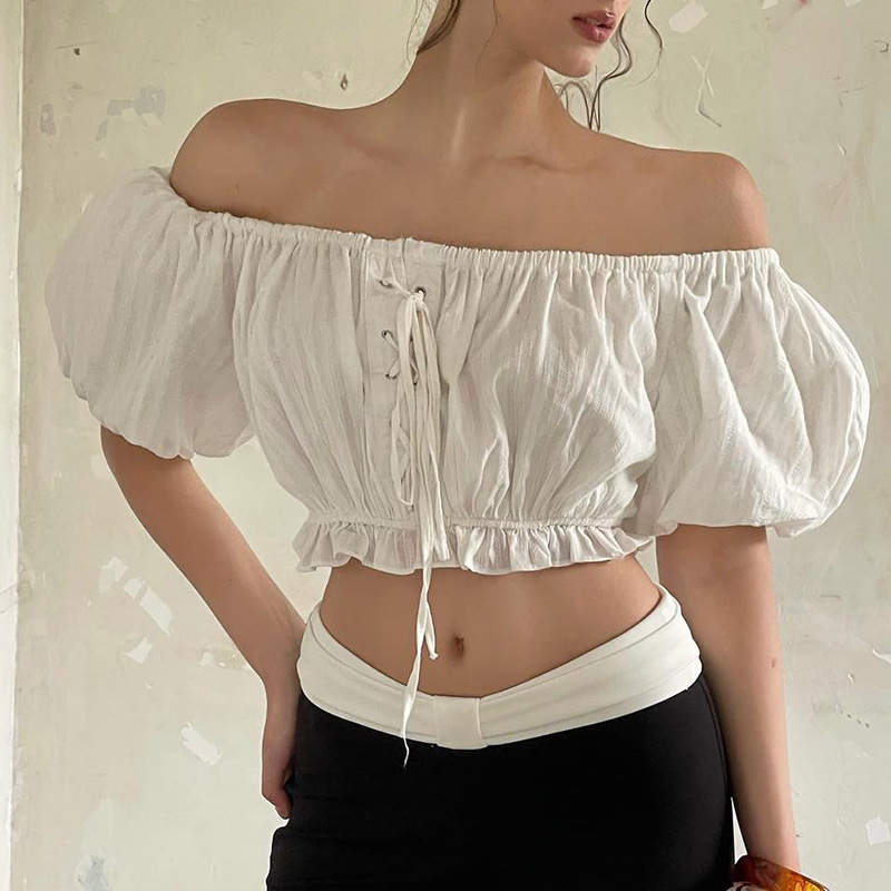 Ins European and American Style 2025 Summer New Sexy Pure Desire Sweet One-Shoulder Pleated Tie Puff Sleeve Top for Women