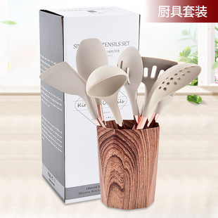 New Wood Grain Covered Handle Silicone Kitchenware Storage Barrel Set Household Cooking Spade Spoon Non-stick Cookware Set