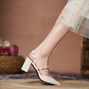 2022 Pointed Chunky Heel High-heeled Shoes Small Size Two-wear Rear Empty Sandals Women's Large Size Single-layer Shoes Black Pearl All-match Fashion
