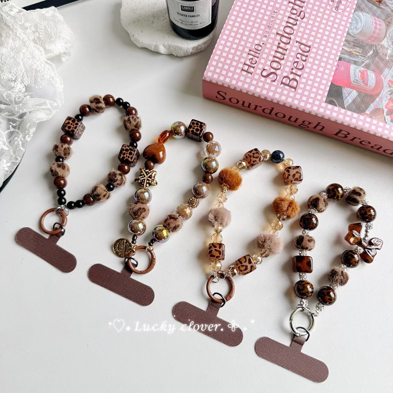 Ins Maillard Short Leopard Print Beaded Mobile Phone Ccd Lanyard Chain Camera Keychain Hanging Chain Pendant Amber Hanging
