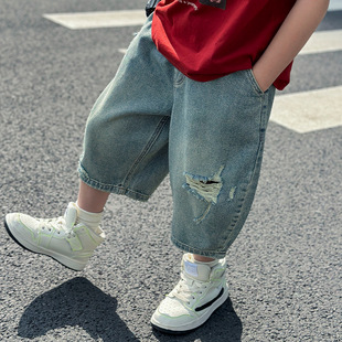 Panda Yuanyuan Summer Children's Ripped Denim Shorts Thin 2025 Summer New Arrival Boys Capri Pants Summer Dress
