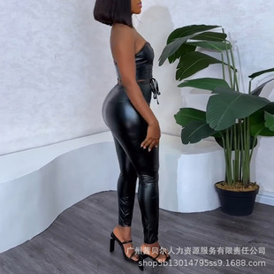 LZR18812 European and American Black PU Sexy Strap Tight Tube Top suit High Waist Tight Leggings