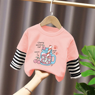 G2049# boys and girls long sleeve T-shirt foreign spring and autumn new children's cartoon cute round neck base shirt fake two