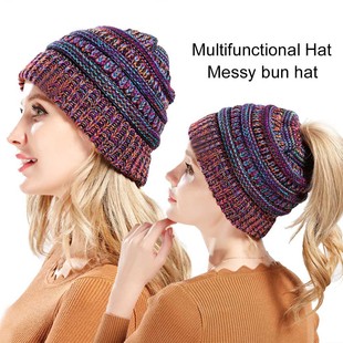 Special offer Amazon mixed color knitted wool hat women's Ponytail Hat European and American warm hat