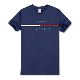 Cross-Border 2025 Men's Summer Trendy Fashion Casual Tommy Printed T-Shirt Round Neck Popular Loose Sports T-Shirt