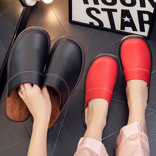 Men's cotton slippers winter genuine leather non-slip home thickened bottom Waterproof Indoor thermal cotton shoes women's home autumn and winter