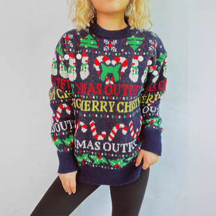 Cross-border Foreign Trade US Version Loose New Year Christmas Theme Jacquard Knitted Loose Round Neck Long Sleeve Pullover Christmas Sweater
