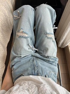 plus size Vintage Three-dimensional Bow Ripped Jeans Women's Summer Design High Waist Straight Loose Wide-leg Pants