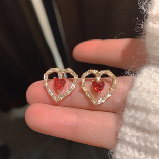 Серьги в виде сердец с красным персиком ~ Высококачественные легкие Роскошные серьги с бриллиантами для девочек, милые свежие серьги в японском стиле, инстаграм
