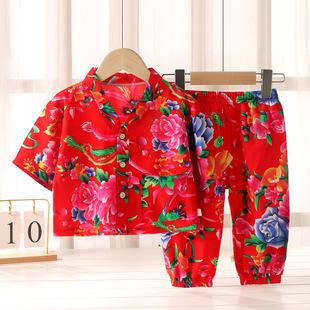 Children's Home Clothes Cotton Suit Summer Pajamas for Boys and Girls Artificial Cotton Two-piece Cotton Silk Air-conditioning Suit Children's Clothing