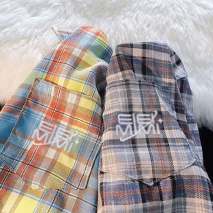 American Style Retro Color Dopamine Plaid Long Sleeve Shirt Women's Spring and Summer New Loose Car Couple Shirt Trendy