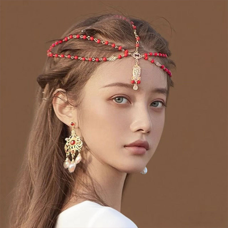 Retro Pearl-Embellished Forehead Pendant Hair Accessory for Women, Tassel Forehead Ornament, Popular for Photos, Exotic Style, Ancient Style Headpiece