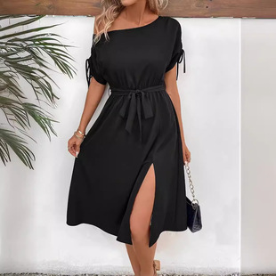 5081 in stock foreign trade goods source spring and summer women's elegant fashion solid color short sleeve dress