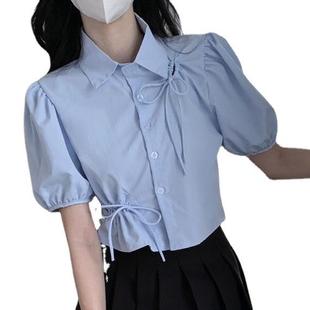 Women's bubble sleeve bow blue shirt summer 2023 new waist slimming short design hollow-out top