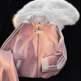 American-style hiphop contrast color three bar suede coat women's 2024 new fashion brand loose casual couple jacket