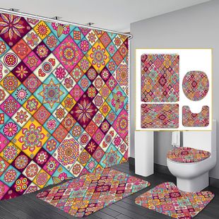Square texture shower curtain source manufacturers cross-border shower curtain four-piece set non-perforated partition curtain digital printing bath